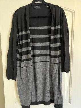 Tahari Open-Front Black and Gray Striped Women’s Long Cardigan